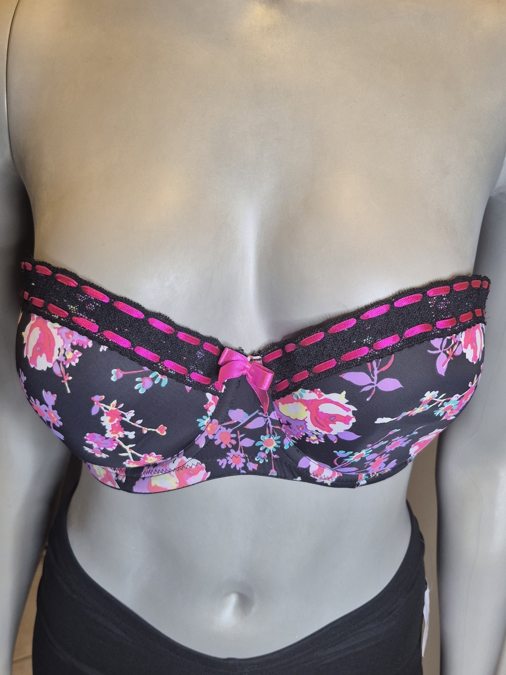 La SENZA Black Floral Strapless Balconette Bra with Hot Pink Trim
